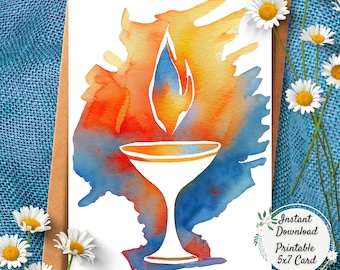 Watercolor Unitarian Universalist Flaming Chalice, UU Printable Greeting Card, Digital Art Postcard, Beautiful Altar Artwork, Pagan Goblet
