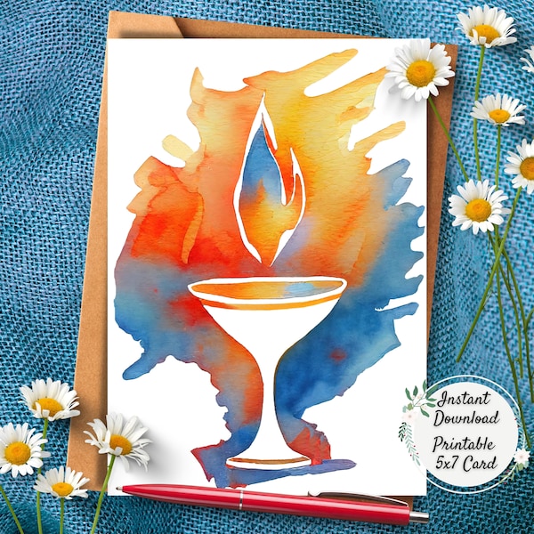 Watercolor Unitarian Universalist Flaming Chalice, UU Printable Greeting Card, Digital Art Postcard, Beautiful Altar Artwork, Pagan Goblet