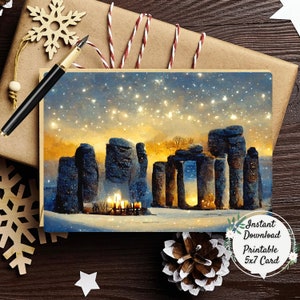 Stonehenge Printable Winter Solstice Greeting Card, Unitarian Universalist Digital Art Christmas Postcard, UU Xmas Holiday Cards, Pagan Yule