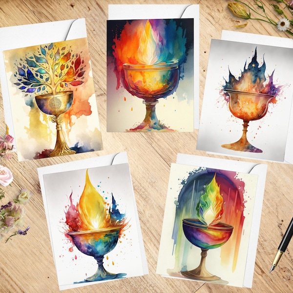 UU Multi Design Flaming Chalice Greeting Cards, 5 Pack Unitarian Universalist Art Cards, Watercolor Universalism Note Cards, Thank You Notes