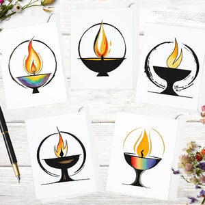 Unitarian Universalist Flaming Chalice Note Cards, UU Set of 5 Watercolor Art Greeting Cards, Holiday Special Occasions Blank with Envelopes