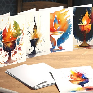 Multi Design Flaming Chalice Greeting Cards, 5 Pack Unitarian Universalist Art Cards, UU Watercolor Holiday Note Card, Pagan Witchy Notecard
