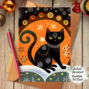 Yule Cat Printable Winter Solstice Greeting Card, Unitarian Universalist Digital Art Christmas Postcard, UU Xmas Folk Art Holiday Cards,