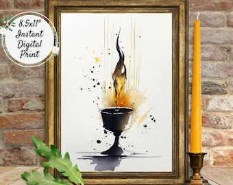 Fiery Gold Watercolor Flaming Chalice Digital Art Print, UU Printable Wall Décor, Unitarian Universalist Colorful Artwork, Pagan Wicca Altar