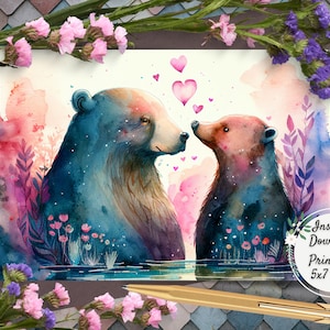 Bathing Bears Printable Mother's Day Greeting Card, Mama Bear Digital Art Cards, Nature Postcard, Thinking of You, Blank Just Because, Love