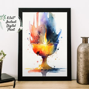 Rainbow Watercolor Flaming Chalice Digital Art Print, UU Printable Wall Décor, Unitarian Universalist Colorful Artwork, Pagan Wicca Altar