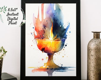 Rainbow Watercolor Flaming Chalice Digital Art Print, UU Printable Wall Décor, Unitarian Universalist Colorful Artwork, Pagan Wicca Altar
