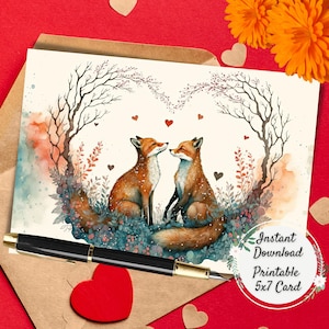 Fox Love Printable Valentine's Day Greeting Card, Valentine Digital Art Cards, Magical Postcard, Anniversary, Thinking of You, Just Because
