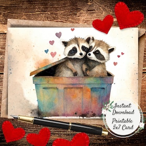 Raccoon Printable Valentine's Day Greeting Card, Trash Panda Romance, Digital Art Cards, Anniversary, Thinking of You Postcard, Just Because