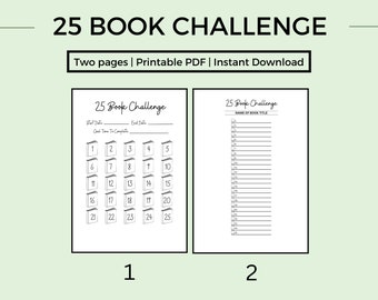 books and journals Printable 25 Book Challenge & List, Two Page Document, Instant Download PDF