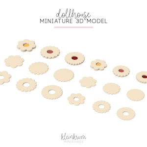 May include: A selection of miniature 3D model biscuits in various shapes, including round, flower, and scalloped edges. Some biscuits have red or yellow centres. The text "dollhouse MINIATURE 3D MODEL" is at the top.