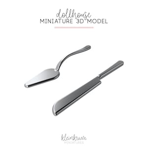 May include: A miniature 3D model of a cake server and knife, both in a shiny silver finish. The server has a curved handle and a triangular blade. The knife has a straight handle and a rectangular blade. The text "dollhouse MINIATURE 3D MODEL" is at the top.