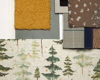 Materiaalpalet | Zomerkamp Woodsy Kinderkamer Verfkleuren, materialen, afwerkingen en decor