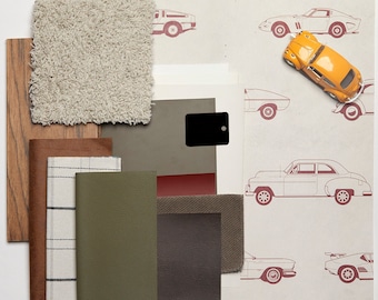 Materiaalpalet | Op auto geïnspireerde kinderkamer verfkleuren, materialen, afwerkingen en decor