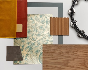 Materiaalpalet | Moderne interieurverfkleuren, materialen, afwerkingen en decor uit het midden van de eeuw voor thuismuziekstudio