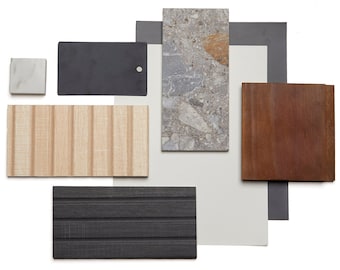 Materiaalpalet | Moderne luxe badkamer Neutrale interieurverf Kleuren, materialen, afwerkingen en decor