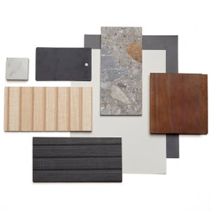 Paleta de materiales / Neutros para baños de lujo modernos Colores, materiales, acabados y decoración de pintura interior