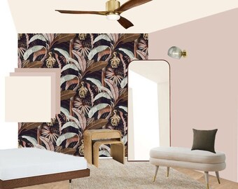 Materiaalpalet slaapkamer | Lost in the Jungle Tropical Pink Blush Binnenkleuren, materialen, afwerkingen en decor