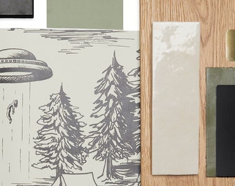 Materiaalpalet | Cabin in the Woods Campfire Stories Binnenkleuren, materialen, afwerkingen en decor