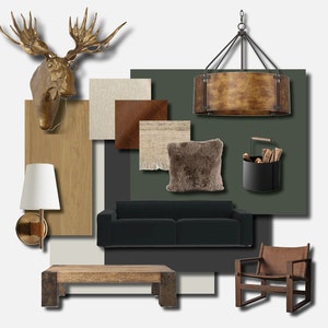 May include: A living room design inspiration board with a dark green background, a black sofa, a brown leather armchair, a wooden coffee table, a moose head wall decor, a rustic chandelier, and various fabric swatches.