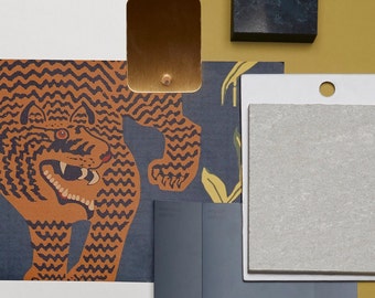 Materiaalpalet | Tijgerpoederkamer donkerblauwe en oranje interieurverfkleuren, materialen, afwerkingen en decor