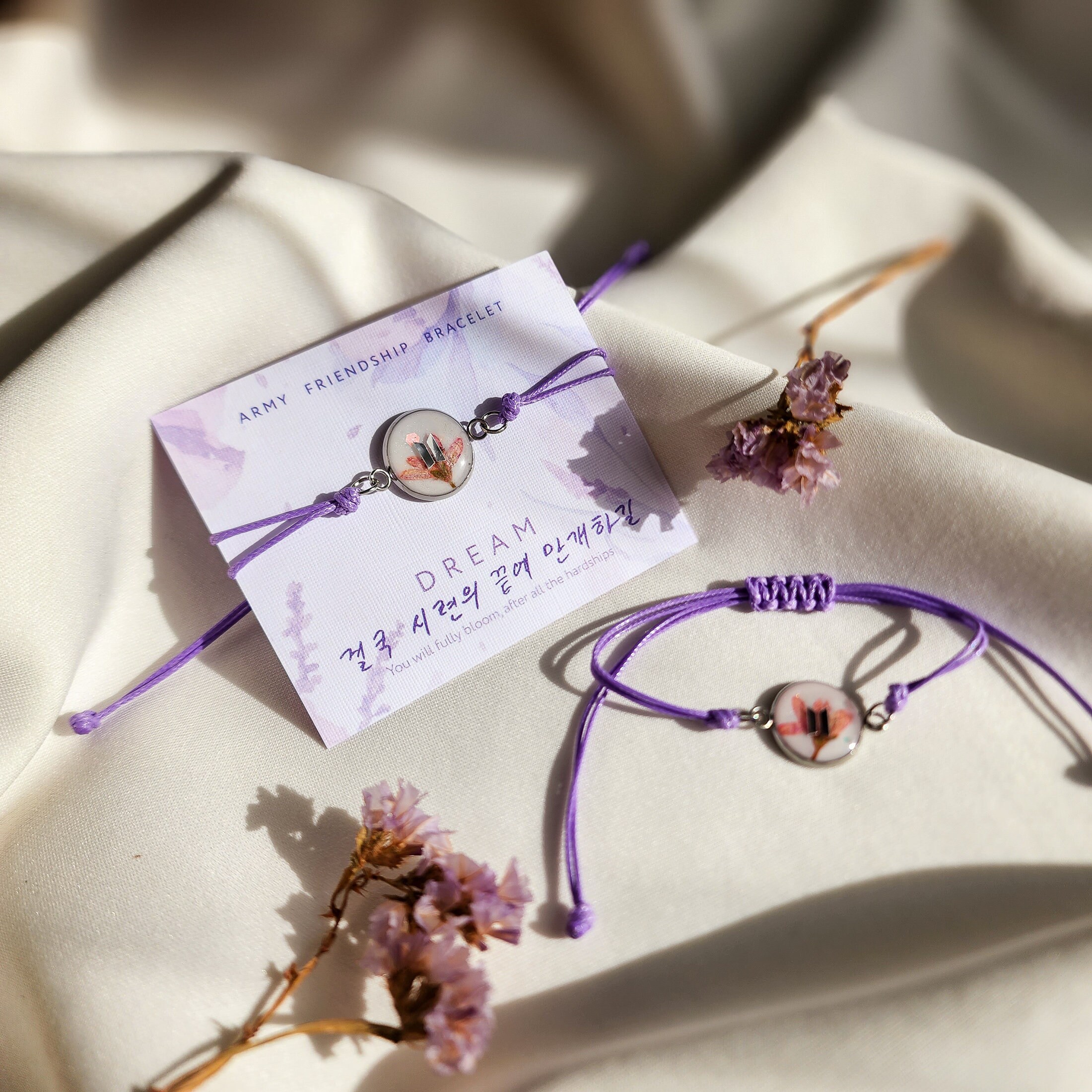 Army Friendship Bracelet Inspired by BTS With Dried Flower Bts Merch Bts Gift Bts Jewelry Bts Aesthetic Etsy