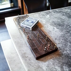 Black Walnut Hardwood 3 Track Cribbage Board - Includes metal pegs & card deck - Personalization Available