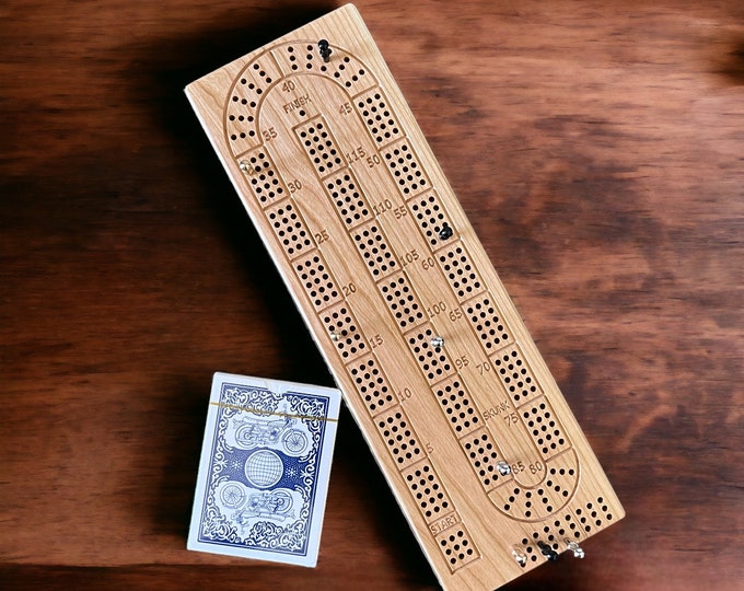 3 Track Cherry Hardwood Cribbage Board, Includes metal pegs and Card Deck, Personalization Available