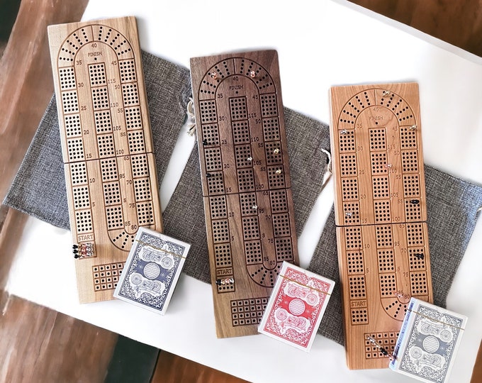 Personalized 4 Track Folding Cribbage Board Solid Hardwood with Card and Peg Storage, Includes Burlap Travel Bag, 12 Metal Pegs & Card Deck!