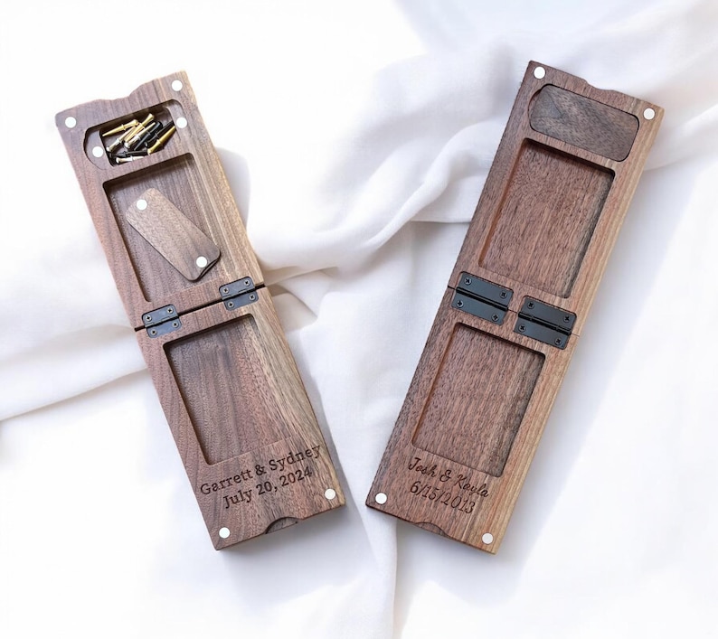 Custom solid black walnut 3 track folding cribbage board with peg storage - Includes travel bag, 9 metal pegs and deck of cards