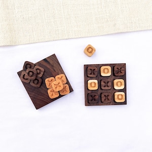 Custom Tic Tac Toe Board Game Solid Hardwood With Wooden Pieces and Travel Bag