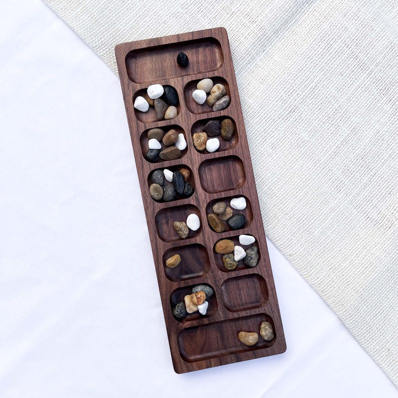 Custom Walnut Mancala Board Game Set with River Stones