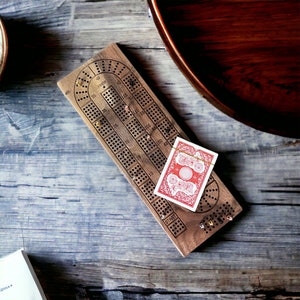 4 Track Black Walnut Hardwood Cribbage Board, includes metal pegs & deck of cards, Personalization available