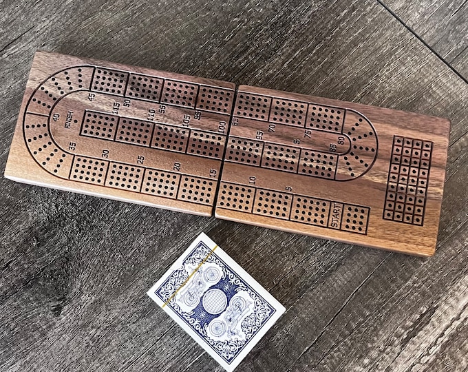 Personalized 4 Track Folding Cribbage Board Solid Black Walnut with Card and Peg Storage - Includes Travel Bag, 12 Metal Pegs & Card Deck!