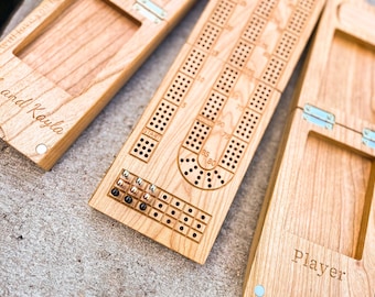 Personalized Foldable 3 Player Cribbage Board with Storage, Updated Hinges and Travel Bag - Cherry Hardwood