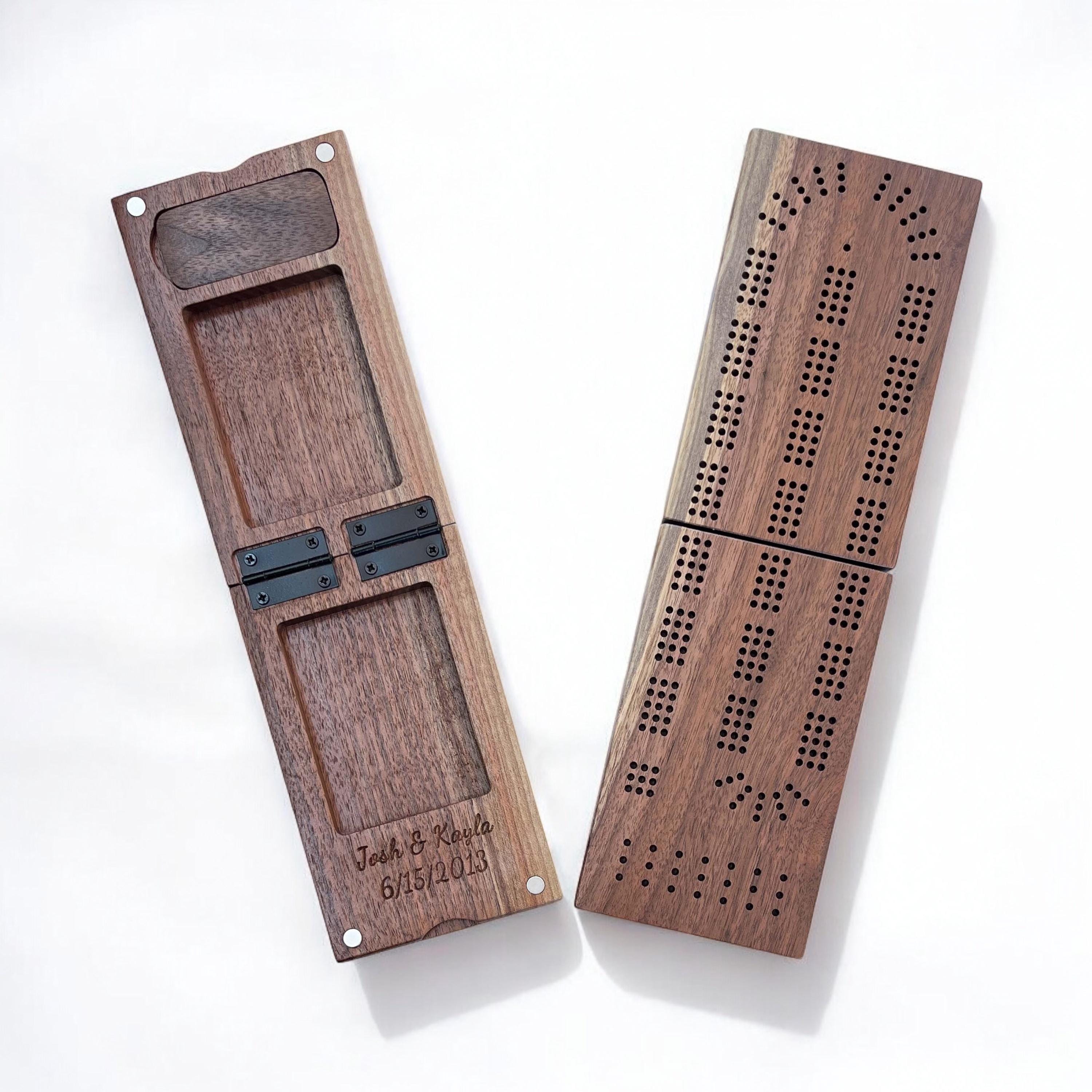 Minimalist 3 Player Foldable Walnut Cribbage Board with Storage, Handmade and Personalized