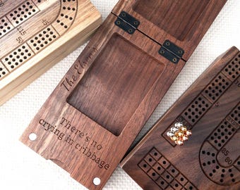Personalized Solid Black Walnut Folding Cribbage Board, 3 Track Set with Storage and Travel Bag