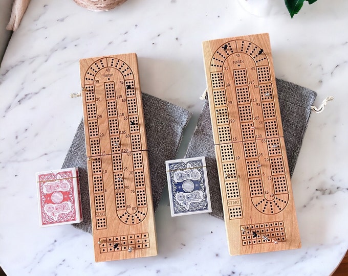 Folding Cribbage Board Gift Set, 3 & 4 Track Cherry - Includes 2 Travel Bags, 2 Metal Pegs Sets, 2 Card Decks and Optional Personalization