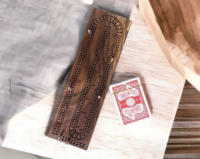 Handmade 2 Track Hardwood Cribbage Board with Peg Storage - Includes 6 Metal Pegs, Deck of Cards and Optional Personalization