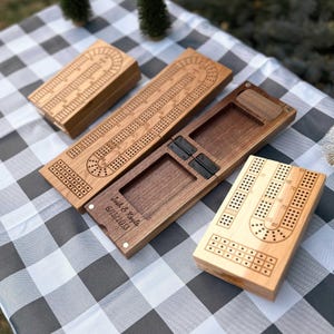 Folding Cribbage Board - Personalized Hardwood Game with Metal Pegs, Card Storage & Travel Bag, Custom Handmade 3 Track Travel Cribbage Set