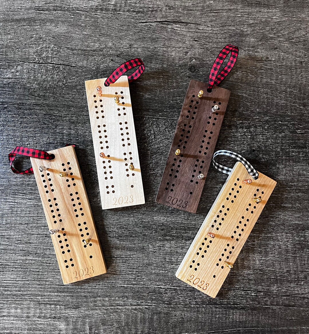 Solid Hardwood Cribbage Board Engraved 2023 Holiday Ornament Includes 4 Metal Pegs Either Loose