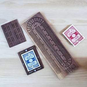 Handmade Black Walnut Cribbage Board Gift Set - 4 Track Size and Travel Size with Decks of Cards, Peg Storage and Metal Pegs, Personalized