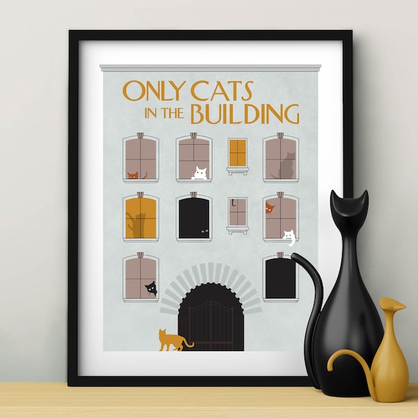 Only Cats in the Building, Yellow Accent, Art Print, Printable Wall Art, Only Murders in the Building Inspired,  Cat Lovers Gift