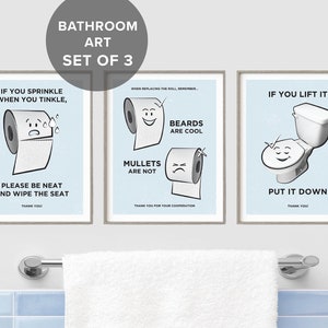 Set artistico con istruzioni per il bagno, Arte da parete stampabile, Se lo cospargi, se lo sollevi, le barbe sono belle, le triglie non lo sono, BLU