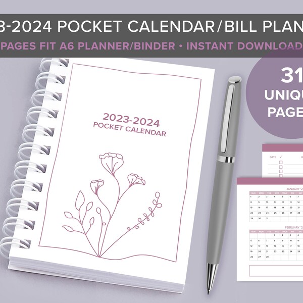 Pocket Calendar 2023-2024, Bill Planner, Printable Calendar, Homemade Gift