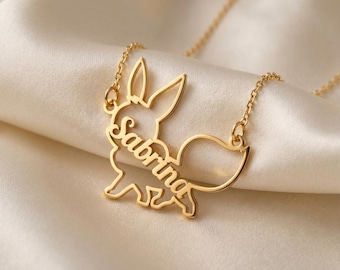 Eevee Name Necklace, Cute Eevee Necklace, Eevee Cartoon Name Pendant, Eevee Gold Necklace, Eevee Jewelry, Custom Eevee Gifts For Kids