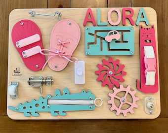 Personalized Montessori Busy Board: Custom Name Sensory Toy Activity wooden toy Handmade in the USA