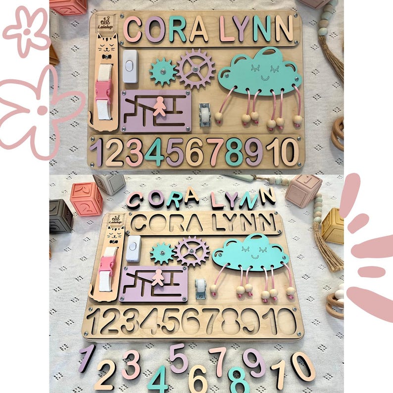 Educational Montessori busy board for toddlers with personalized puzzle name, shoe Velcro, shoe with lace, maze, zipper training, fun wheels, buckle opening and closing exercise, lock, switch and fun wheel. This busy board will keep your child busy.