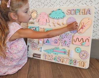 Personalized Busy Board for toddler Activity Board Custom Name Montessori Toy Present for Toddler Birthday Gift Christmas Handmade in USA