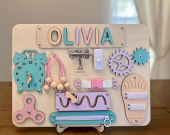 Personalized Busy Board with Baby Puzzle Name Custom Wooden Board Montessori Toy for Kids Development Educational Toy First Birthday Gift